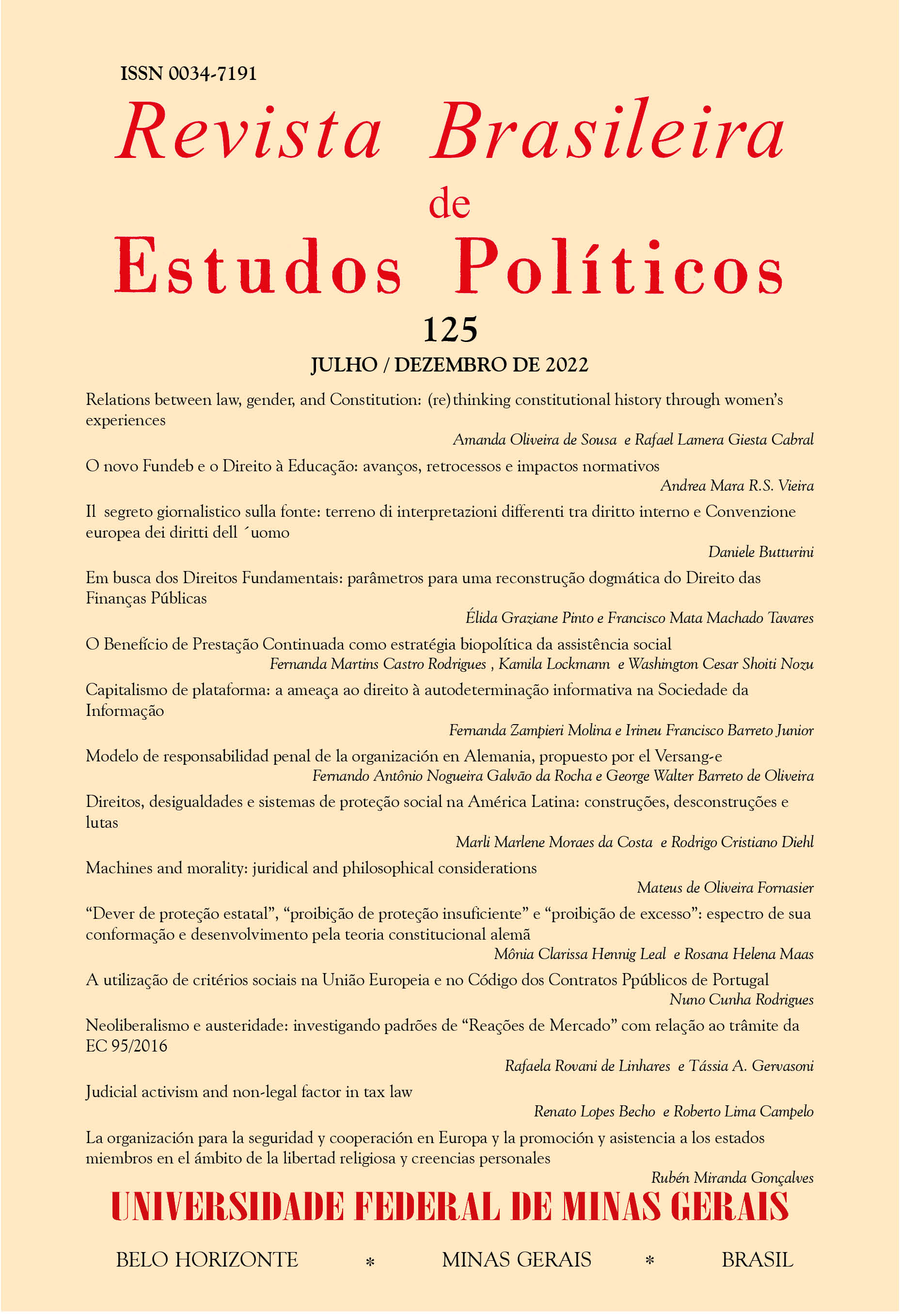 Capa da Edição 125 de julho a dezembro de 2022 da Revista Brasileira de Estudos Políticos, indicados os 14 artigos presentes neste volume e seus respectivos autores.